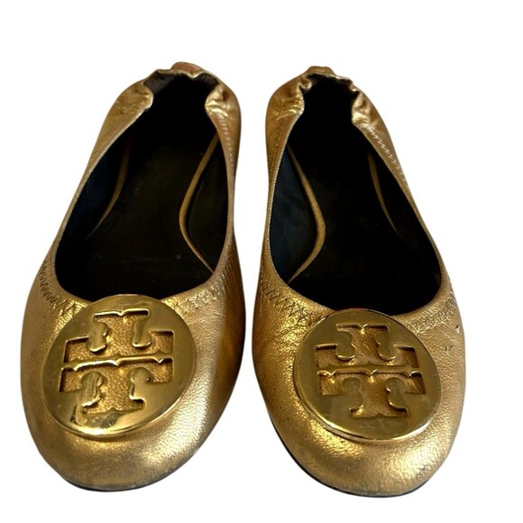 Tory Burch Distressed Leather Reva Gold Ballet Flat Slip On Shoes Womens Sz 6.5 - Picture 7 of 16